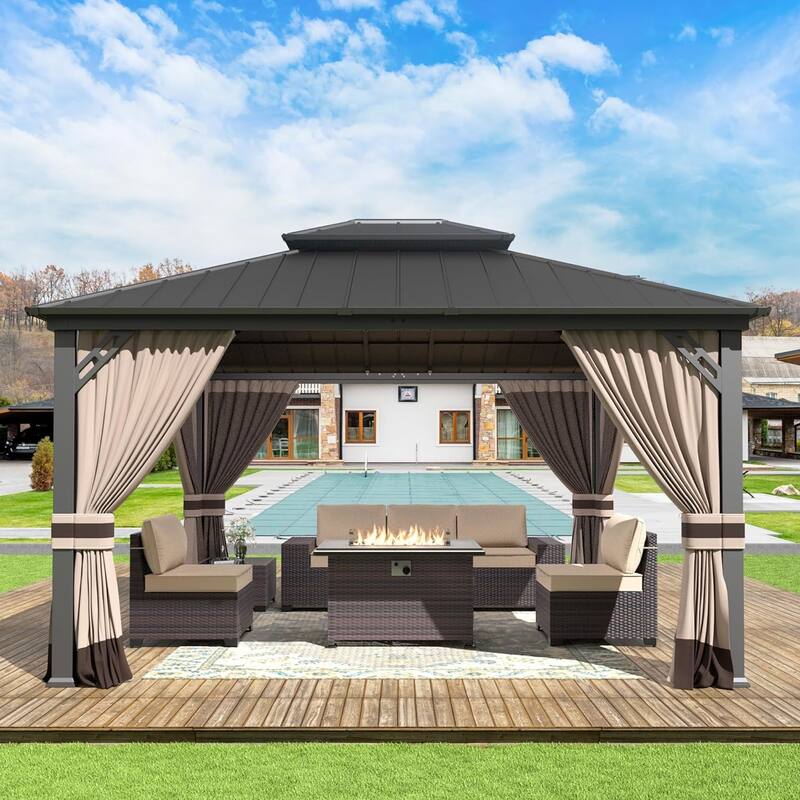 Kullavik Hardtop Gazebo w/ Galvanized Steel Roof & Aluminum Frame, New Outdoor Canopy w/ Mosquito Net & Curtain, Patio Pergola - 12" x 14" - Khaki