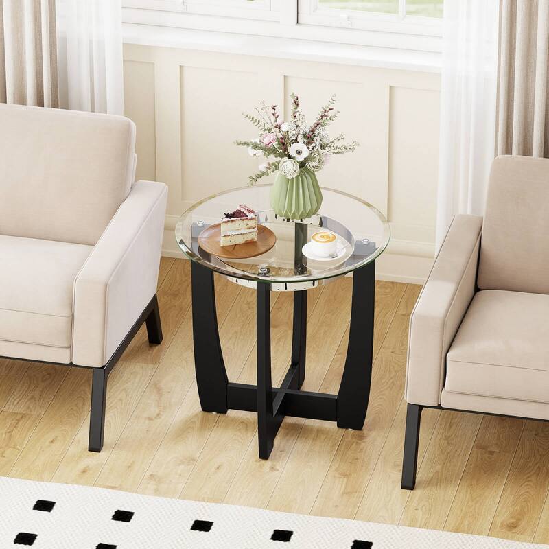 Costway 1/2 PCS 24" Round Side Table Glass End Table with Tempered - See Details