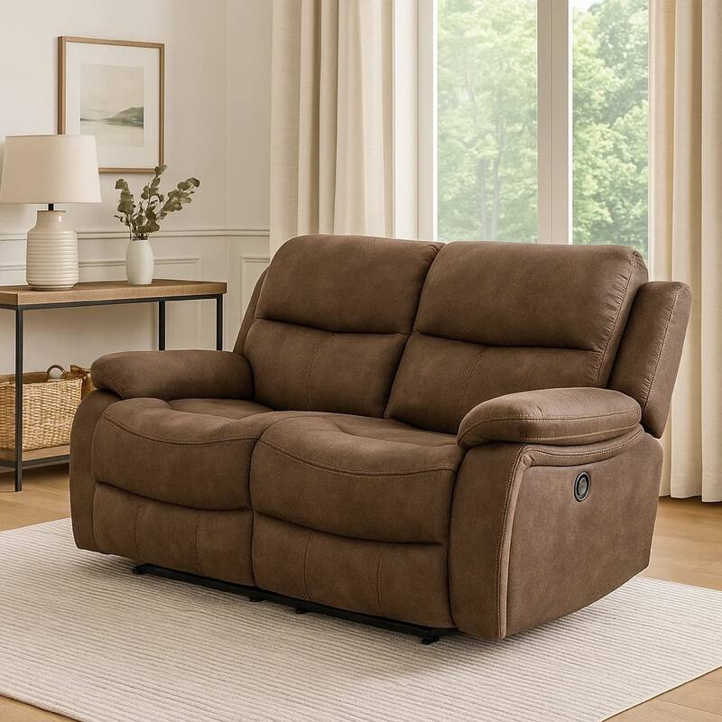 Heny Manual Reclining Loveseat, Brown Fabric Seating, 68 Inch No Sag