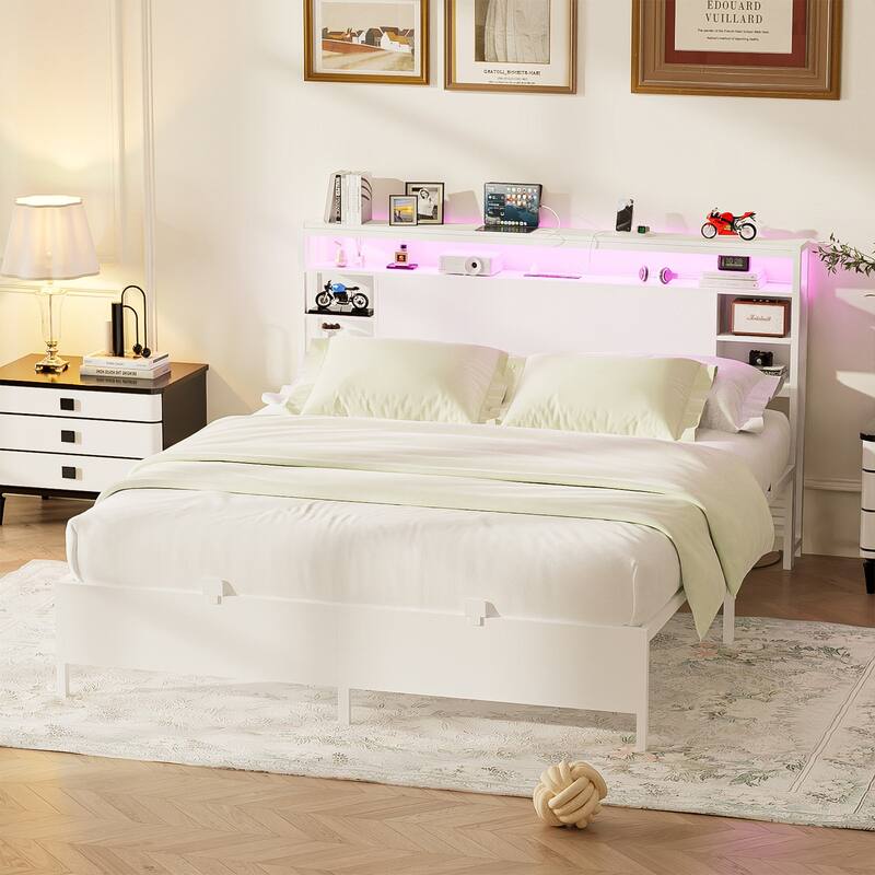 Bed Frame with Charging Station and RGB LED Lights, Sturdy Platform Bed with Storage Headboard,