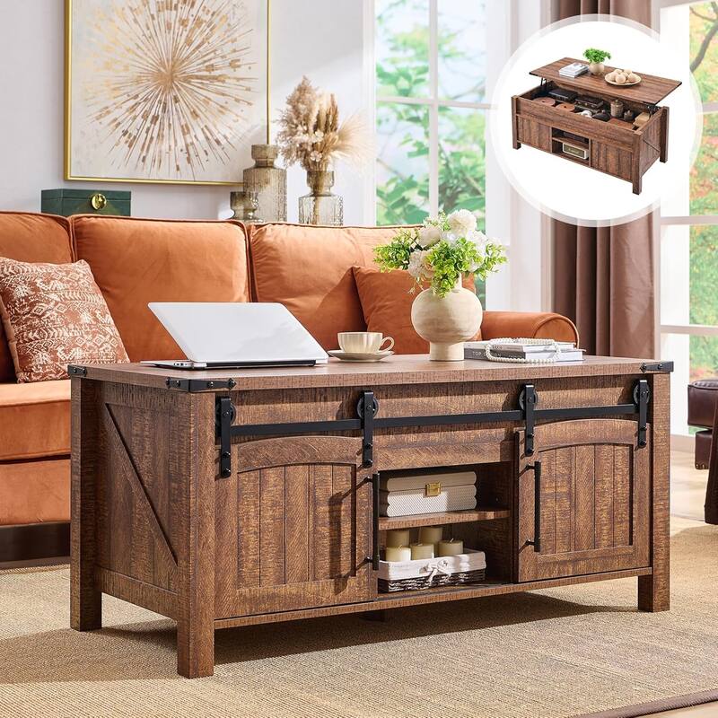 Farmhouse Lift Top Coffee Table, Rustic Wood Center Table