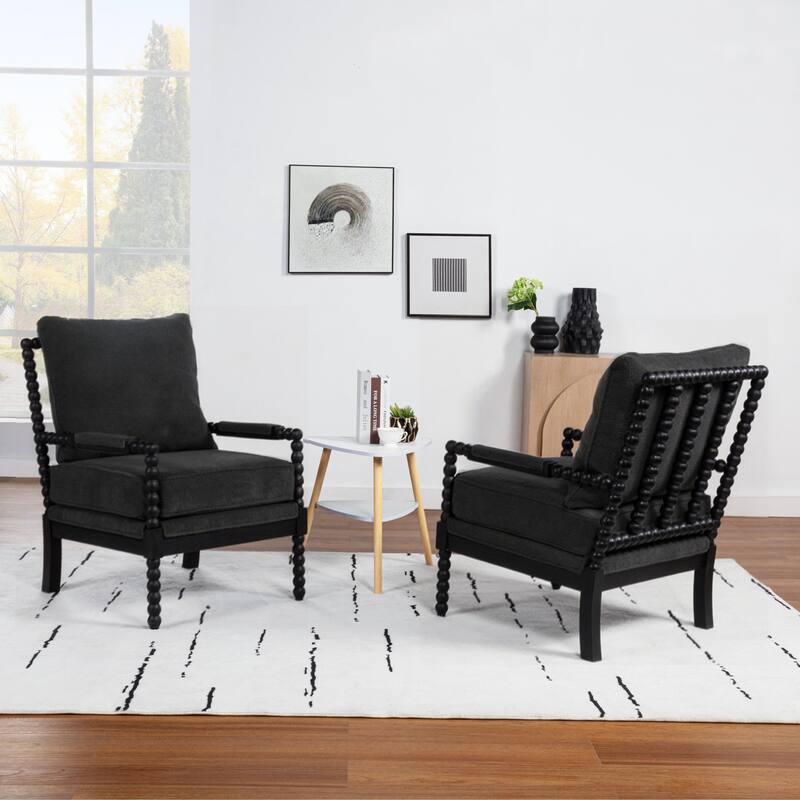 SEYNAR Mid Century Teddy Velvet Fabric Wood Accent Armchair with Cushion Set of 2 - Black