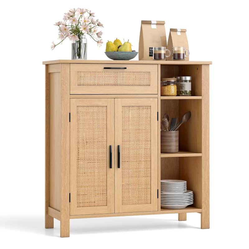 Natural Rattan Buffet Sideboard with Drawer and Cabinet Modern Storage Console Table for Living Room or Dining Room