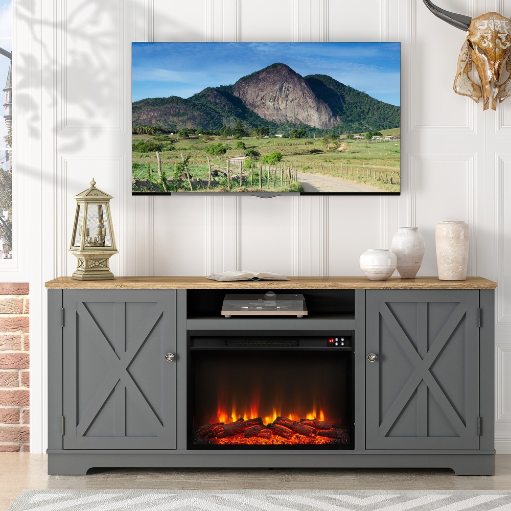 Grey 70 inch tv sales stand with fireplace