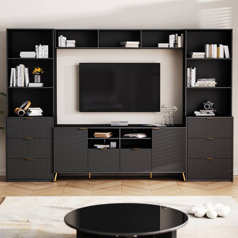 Multifunctional 4-Piece TV Wall Unit with 13 Shelves, 8 Drawers, & 2 Cabinets, Fluted Line Design, for Living Room