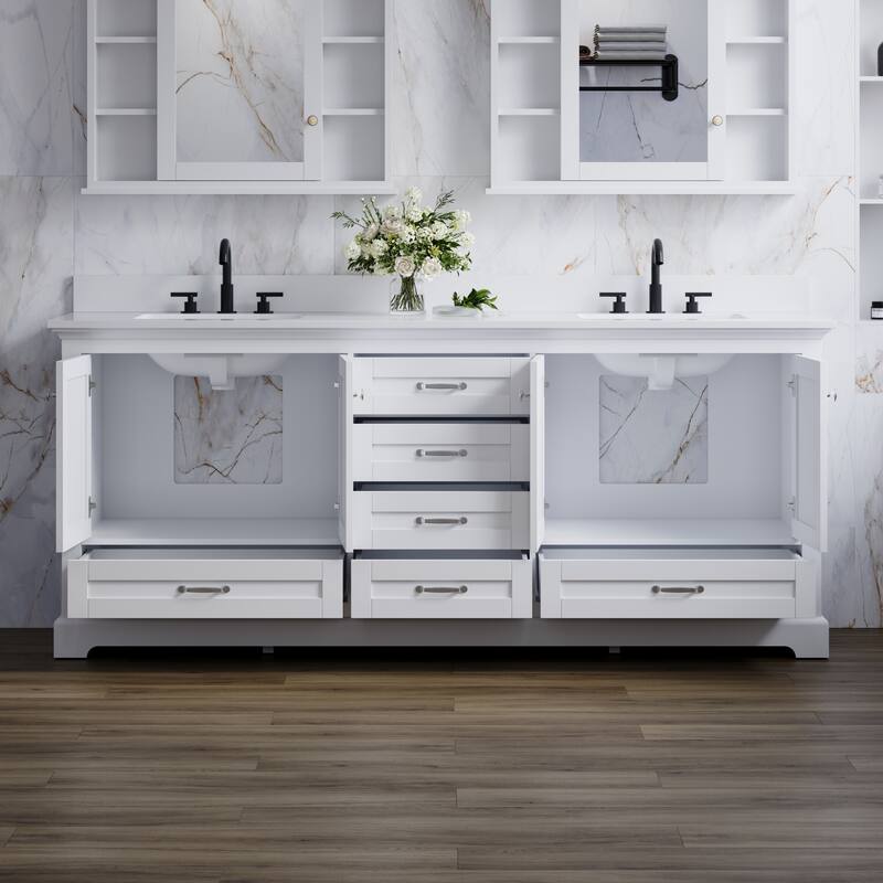 80''W Solid Wood Frame Bathroom Vanity With Pure White Culutered Marble Countertop And Double Sink