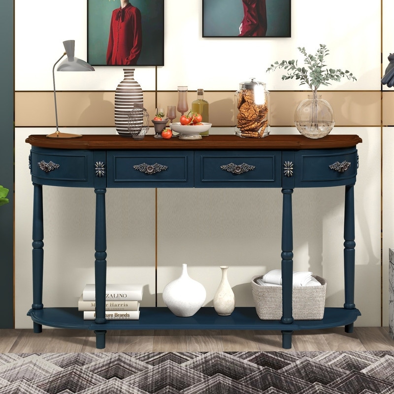 Retro Curved 52" Half Moon Sofa Table with Shelf and 2 Drawers