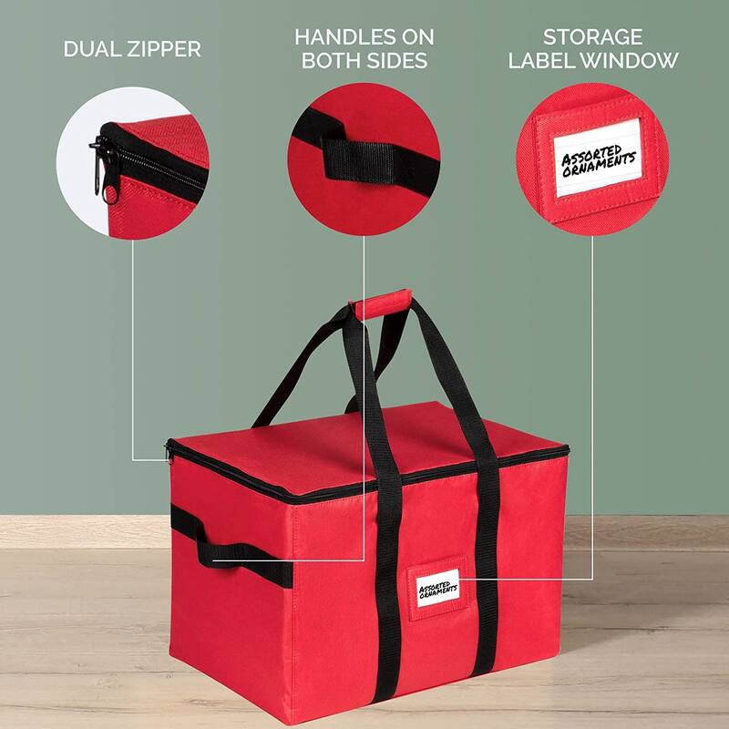 Christmas Ornament Storage Container - Heavy Duty 600D Tear Resistant Material, Zippered, Adjustable Dividers