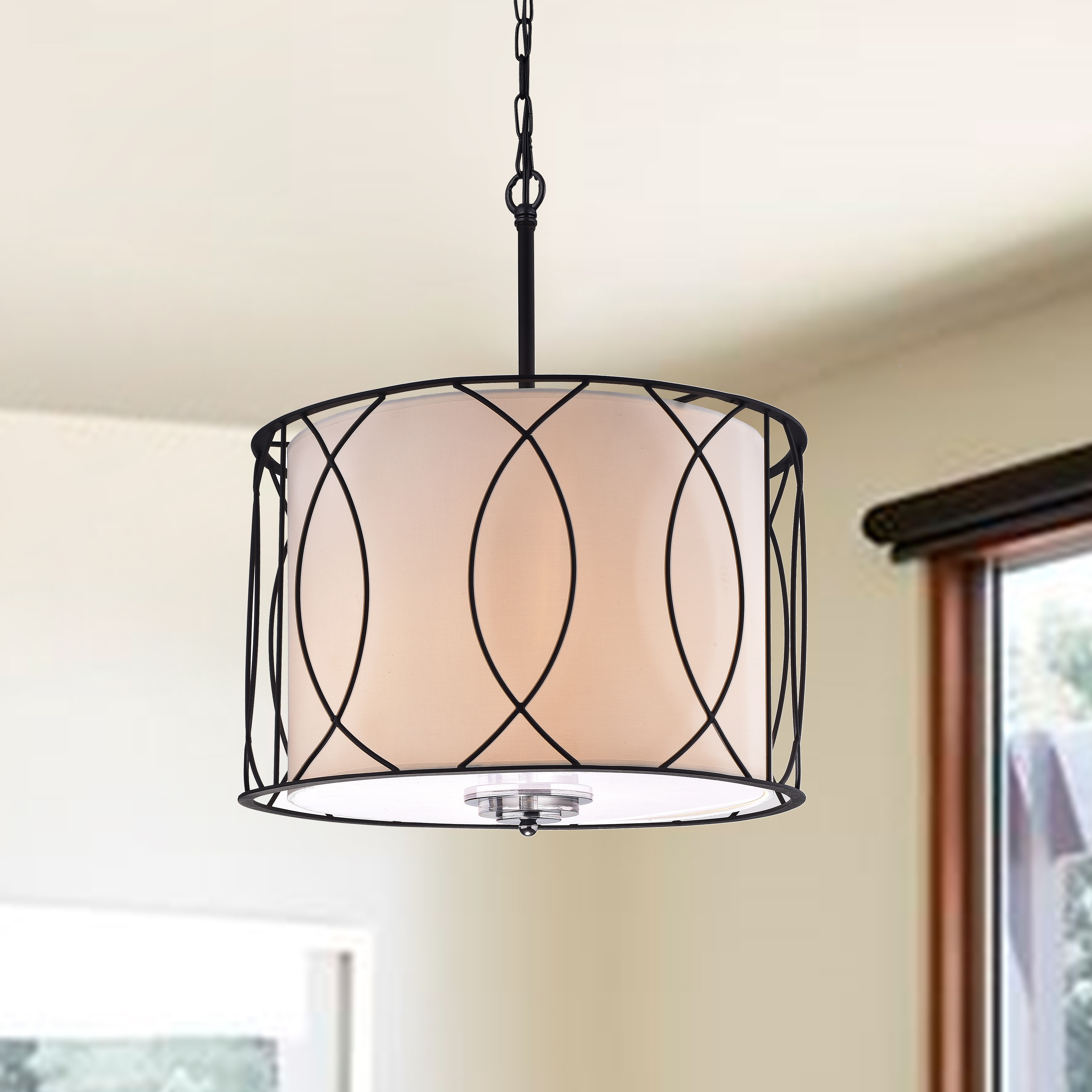 Arke Black Metal and Fabric 3-light Drum Pendant