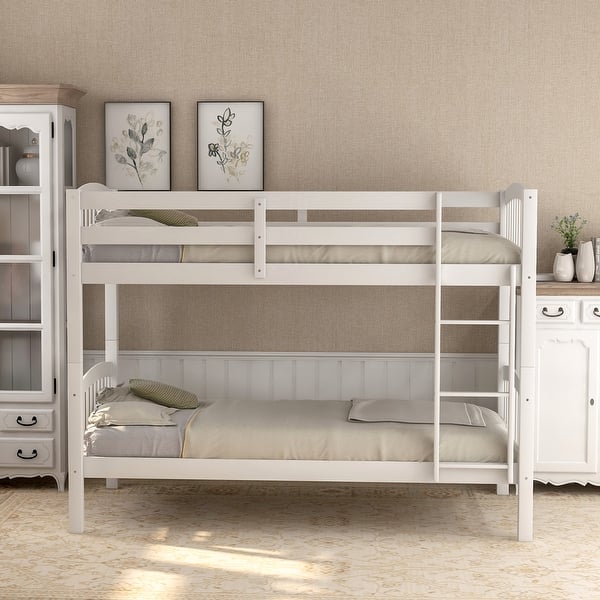 slide 2 of 8, Twin Over Twin Bunk Bed with Ladder, Solid Wood Bed Frame with Safety Guardrail for Kids Teens Girls Boys, No Box Spring Needed White - Twin