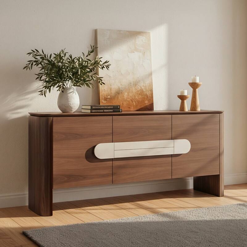 Spruce & Spring Modern Walnut Sideboard with Travertine Accent Handle, Minimalist Storage Console