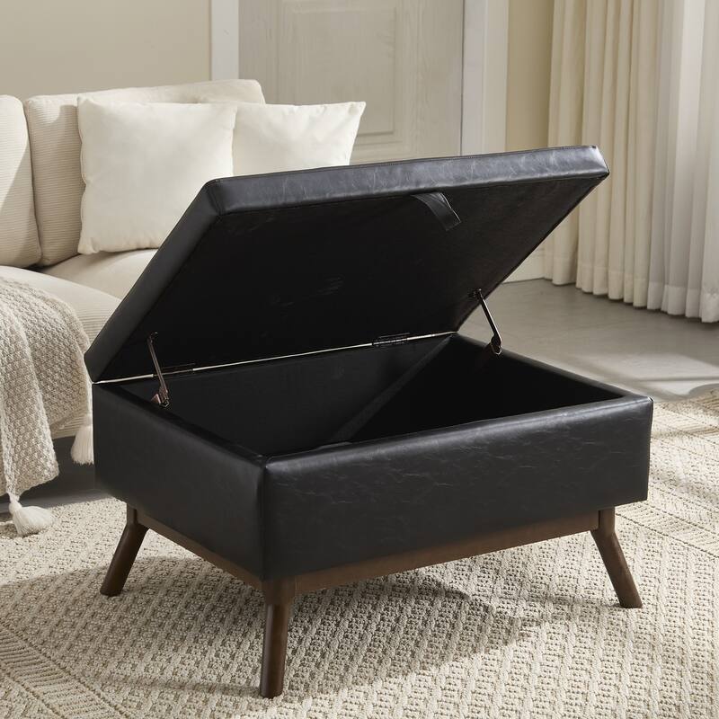 Square Storage Bench Coffee Table, Storage Ottoman Table with Wood Legs, Upholstered Footstool with Hidden Storage Compartment