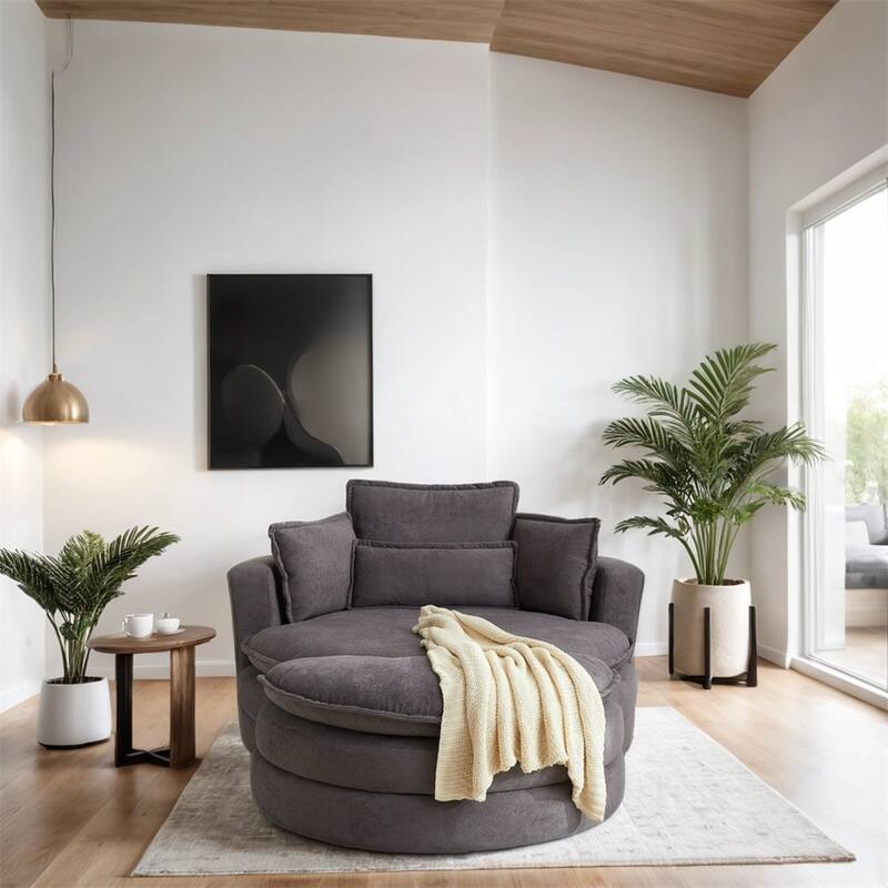 52" Swivel Fabric Big Round Chair with Storage Ottoman and Pillows