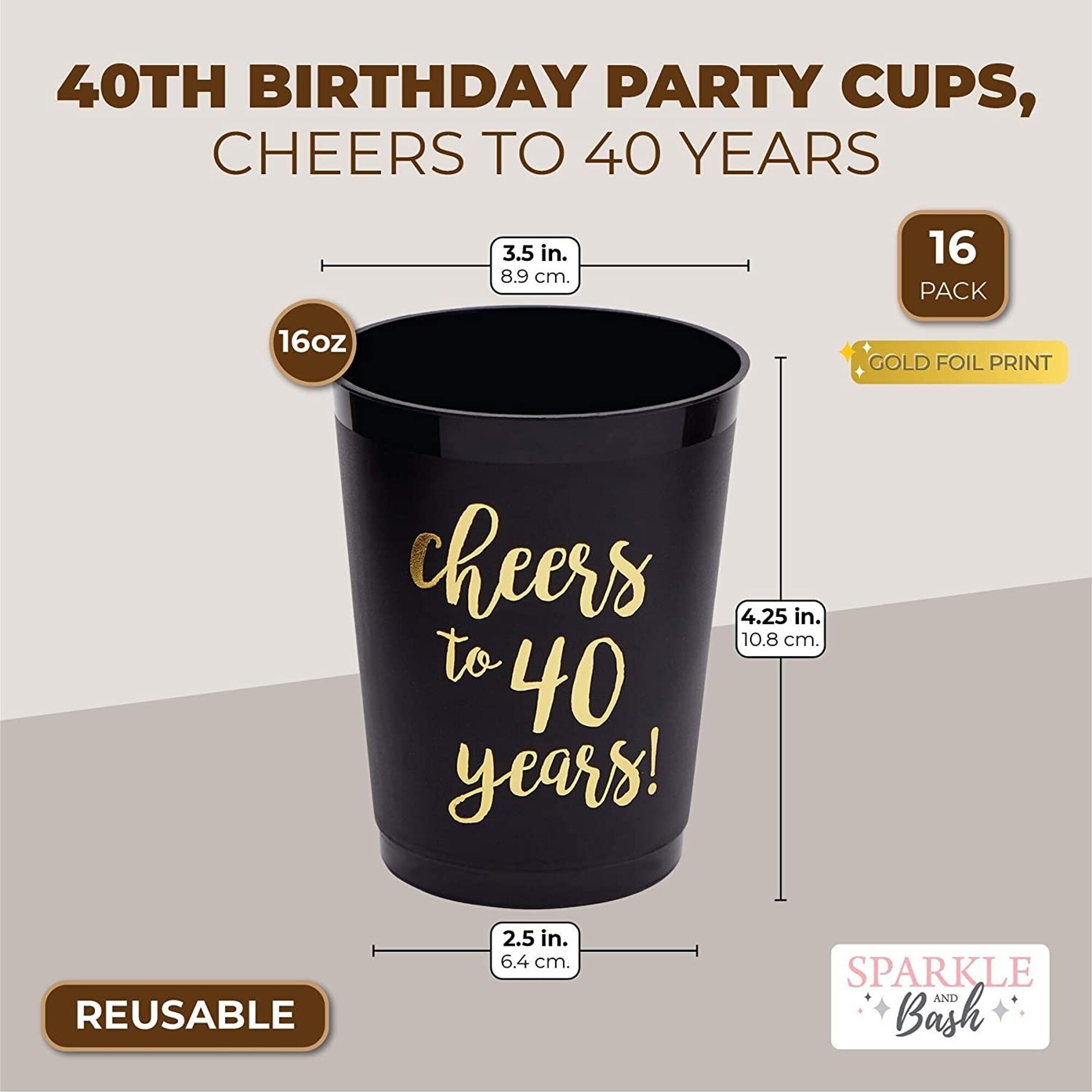 40th Birthday Party Cups, Cheers to 40 Years (16 oz, 16 Pack)