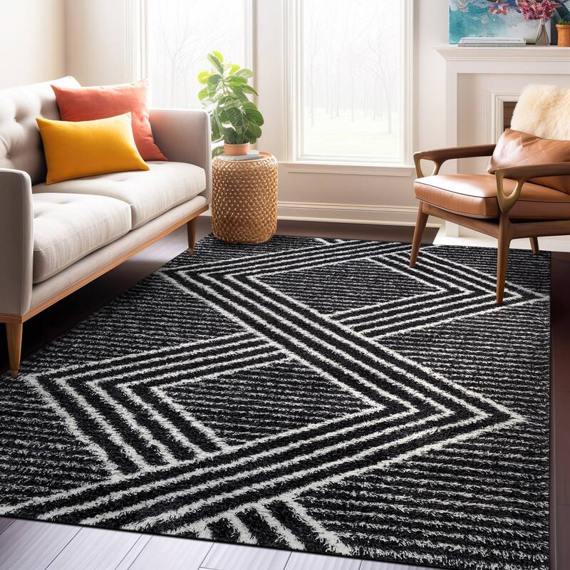 Abstract Geometric Shag Rug - Anthracite Dark Gray - Medium Pile Rug - Kid & Pet Friendly - 5' x 7'