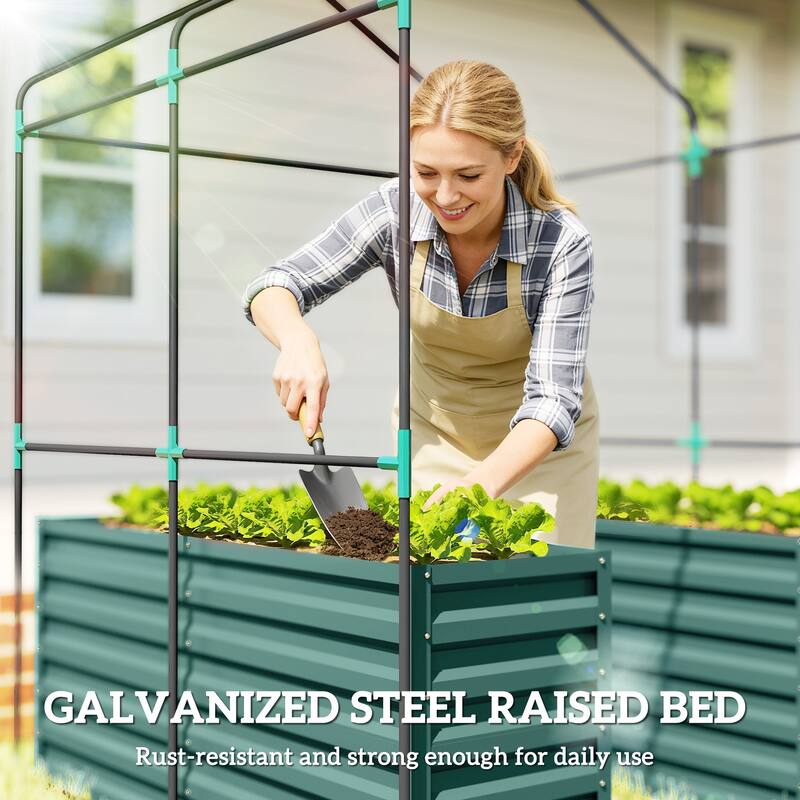 Outsunny Greenhouse with Raised Garden Bed, 56" x 56" x 75" Galvanized Steel Planter Box with PE Cover
