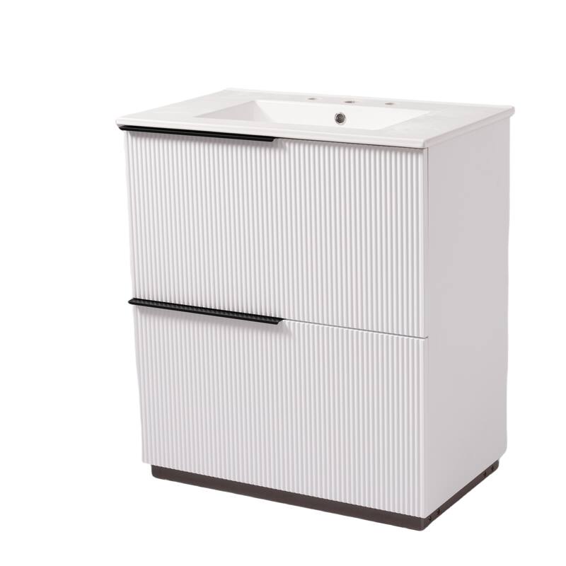 30" Bathroom Vanity with Ceramic Sink and Full-Extension Drawers, Soft Close Undermount Drawer Slides, Fluted Design, Natural