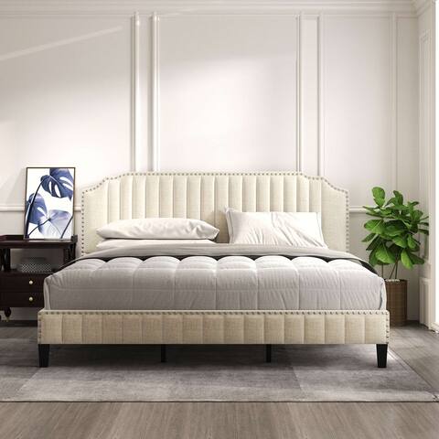 Modern Linen Curved Upholstered Platform Bed