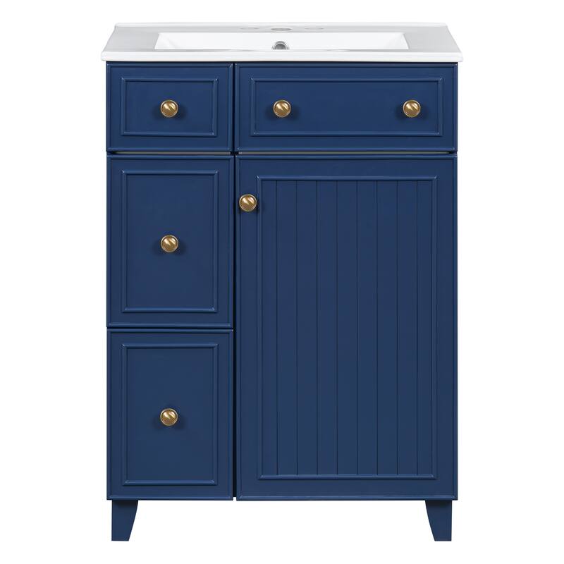 24 Inch Bathroom Vanity Cabinet with Ceramic Sink, 2 Drawers & Door, Bathroom Storage Cabinet Free-standing Single Sink Cabinet
