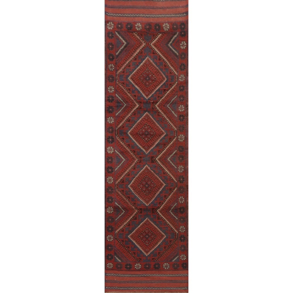 Hand Knotted Oriental 100% Wool Carpet Traditional Tribal Red Balouch Runner Rug - 8' 1'' X 2' 0''