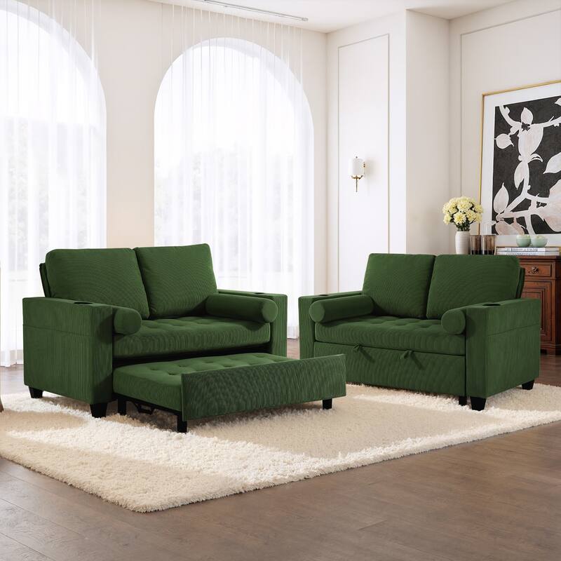 2 Set Multi-Functional Sleeper Sofa Bed 3-in-1 Pull-Out Convertible Adjustable Loveseat with USB Port