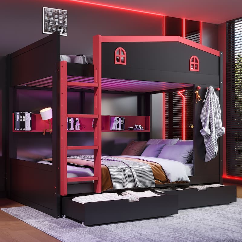 Queen over Queen Bunk Bed with Storage Drawers, Shelves & Hooks - Black