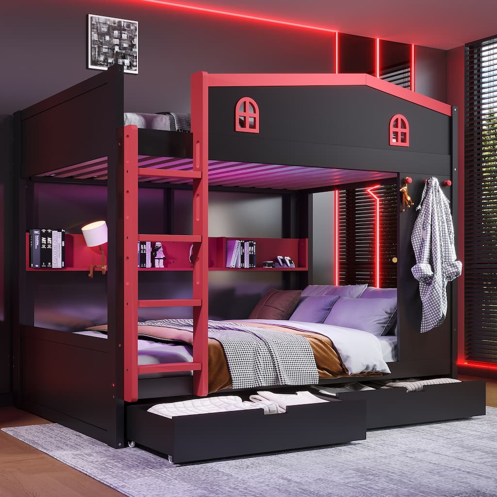 Queen over Queen Bunk Bed with Storage Drawers and Shelves, Solid Wood Bunk Beds with hooks, No Box Spring Needed