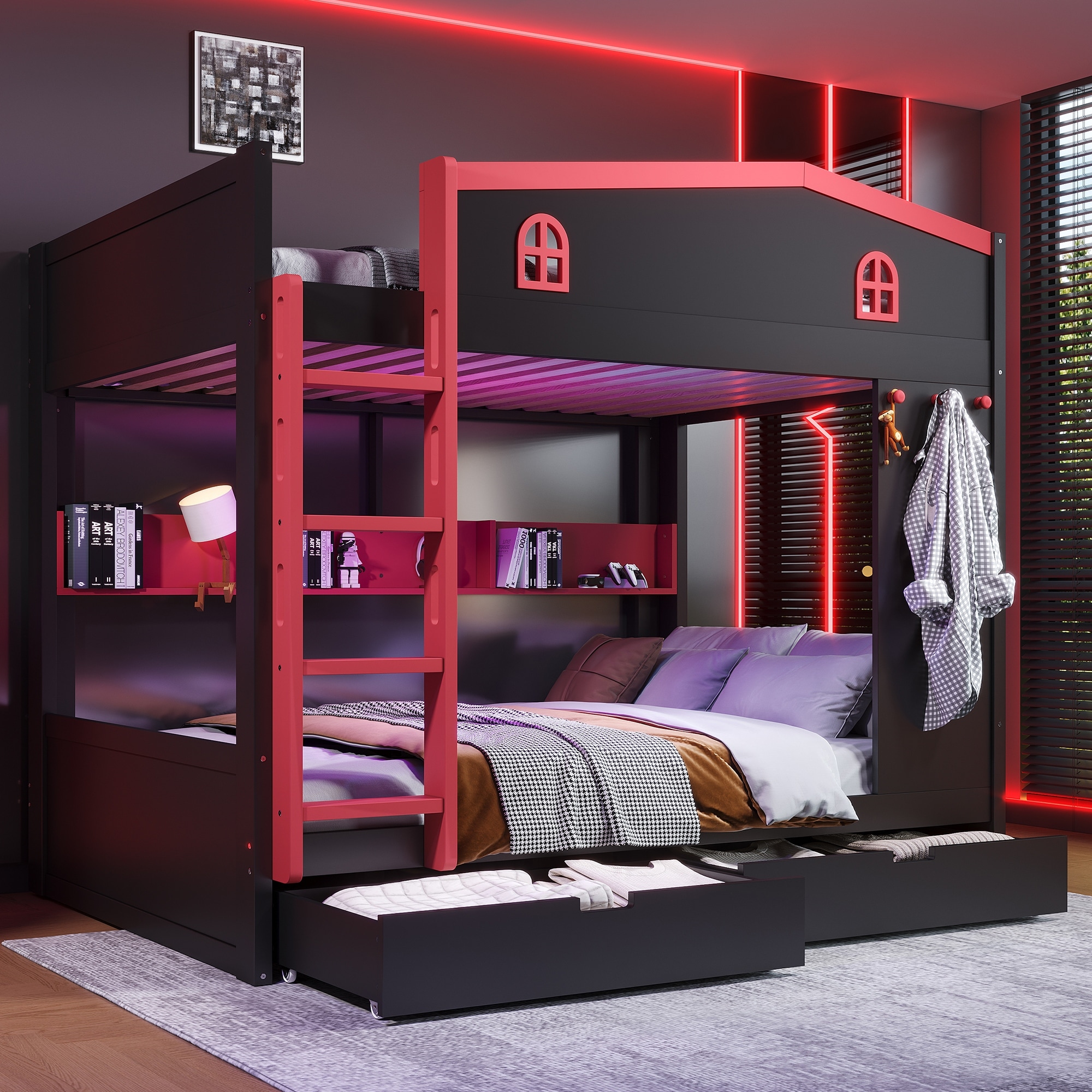 Queen over Queen Bunk Bed with Storage Drawers and Shelves, Solid Wood Bunk Beds with hooks, No Box Spring Needed