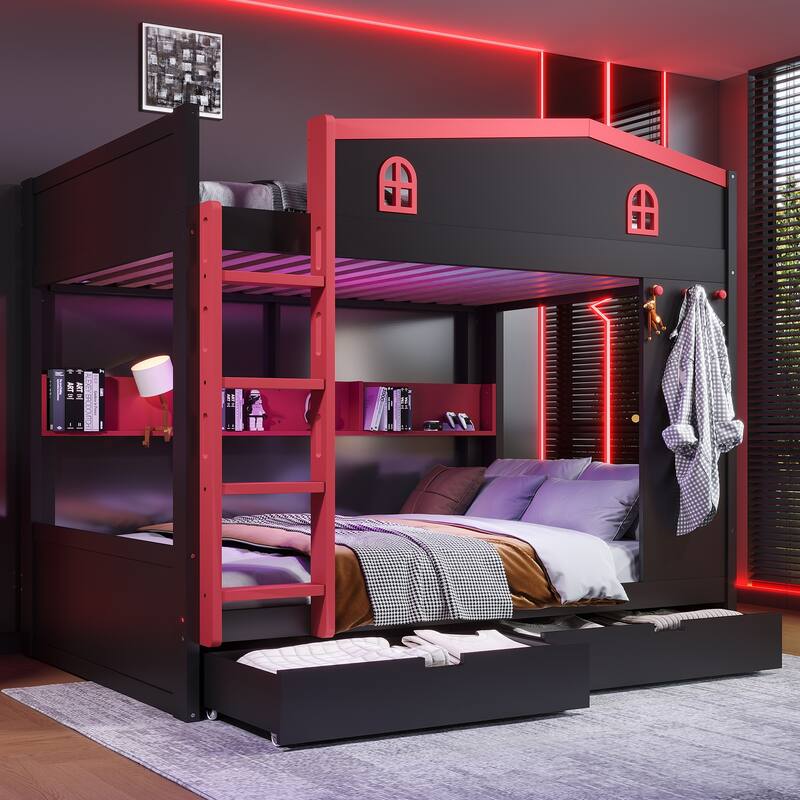 Queen over Queen Bunk Bed with Storage Drawers and Shelves, Solid Wood Bunk Beds with hooks, No Box Spring Needed - Black,Red