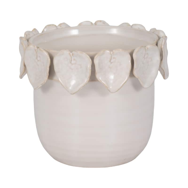 Stoneware Ceramic Planter Handcrafted Sculpted Leaf Embellishments