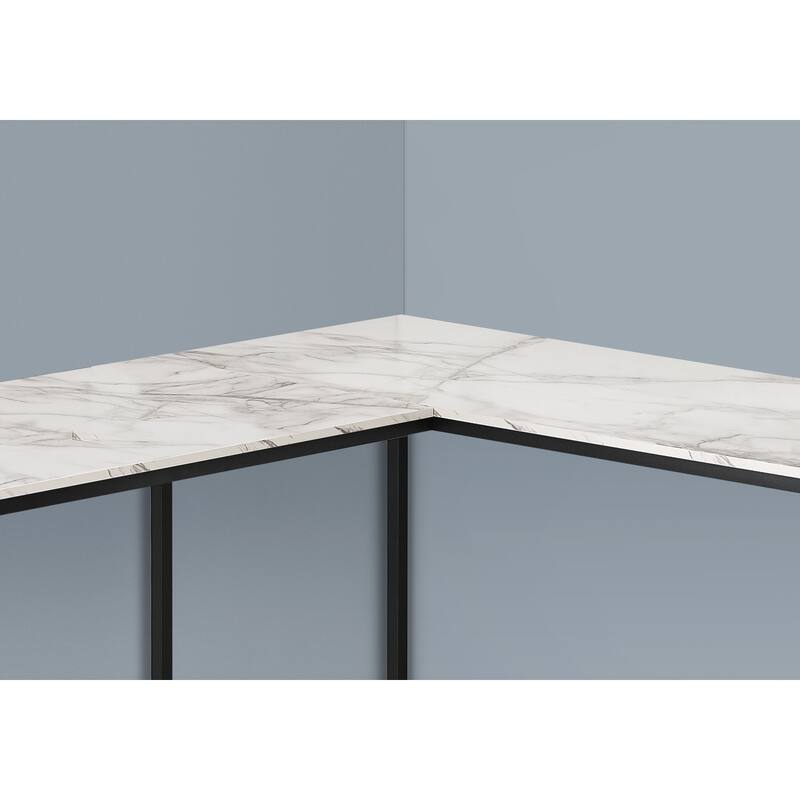 Computer Desk, Home Office, Corner, 58"l, L Shape, Work, Laptop, White Marble Look Laminate, Black Metal, Contemporary - White