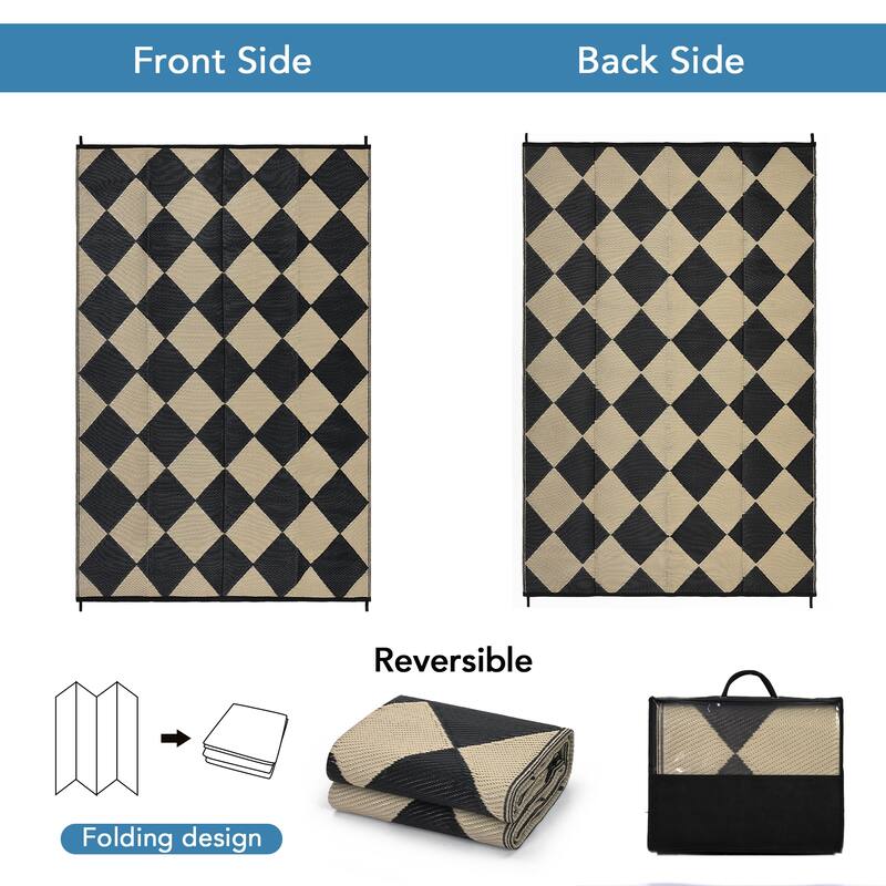 Outdoor Rug Waterproof Reversible Rug Plastic Straw Rug Checkered Floor Mat Outside Carpet for Camping RV Backyard Patio