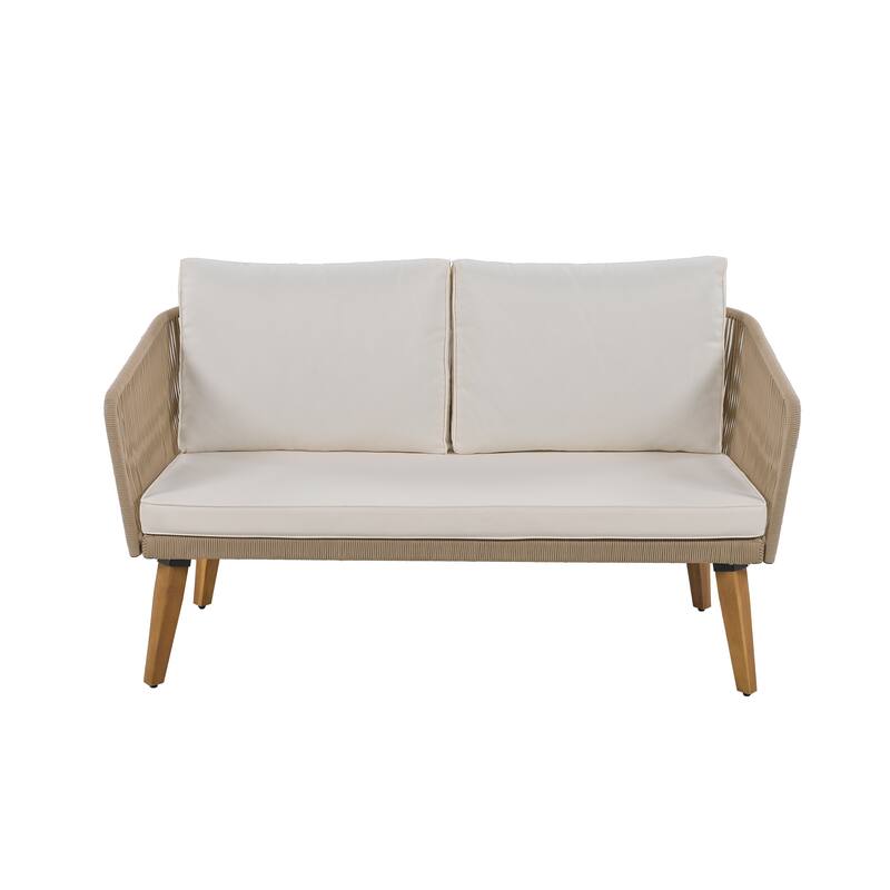 4-Piece Outdoor Rope Patio Conversation Set with Loveseat and Acacia Wood Table, Weather-Resistant Cushions and Metal Frame