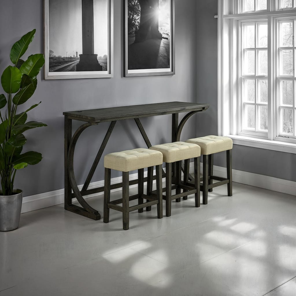 4pc Classic Dining Set Brown Finish USB Table and Stools - 4-Piece Set