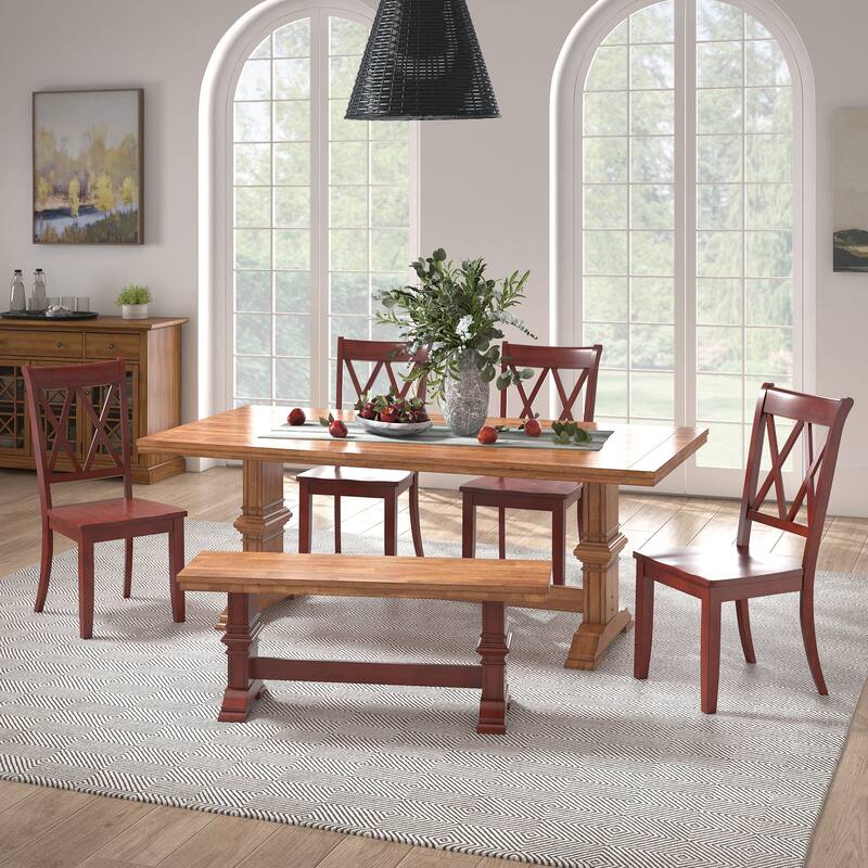 Ronda 78.7" Rectangular Solid Wood Top Dining Set with X-Back Chairs - Oak Table - Berry Red Chairs