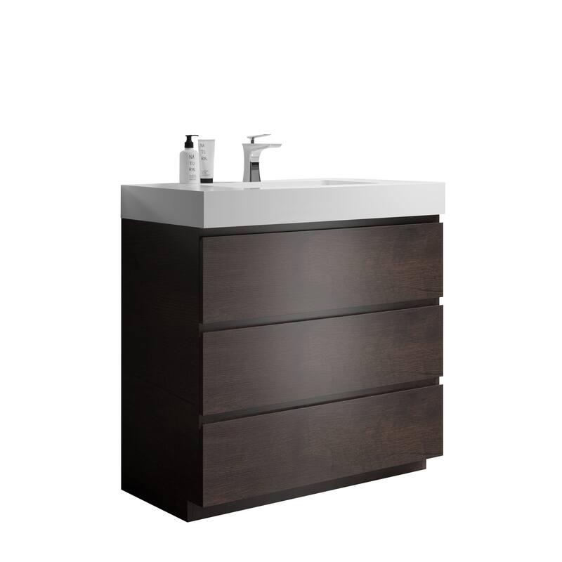GDFStudio - Alice Walnut Freestanding Bathroom Vanity with One-Piece Matte Black Sink, Modern Handle-Free Design, Pre-Assembled