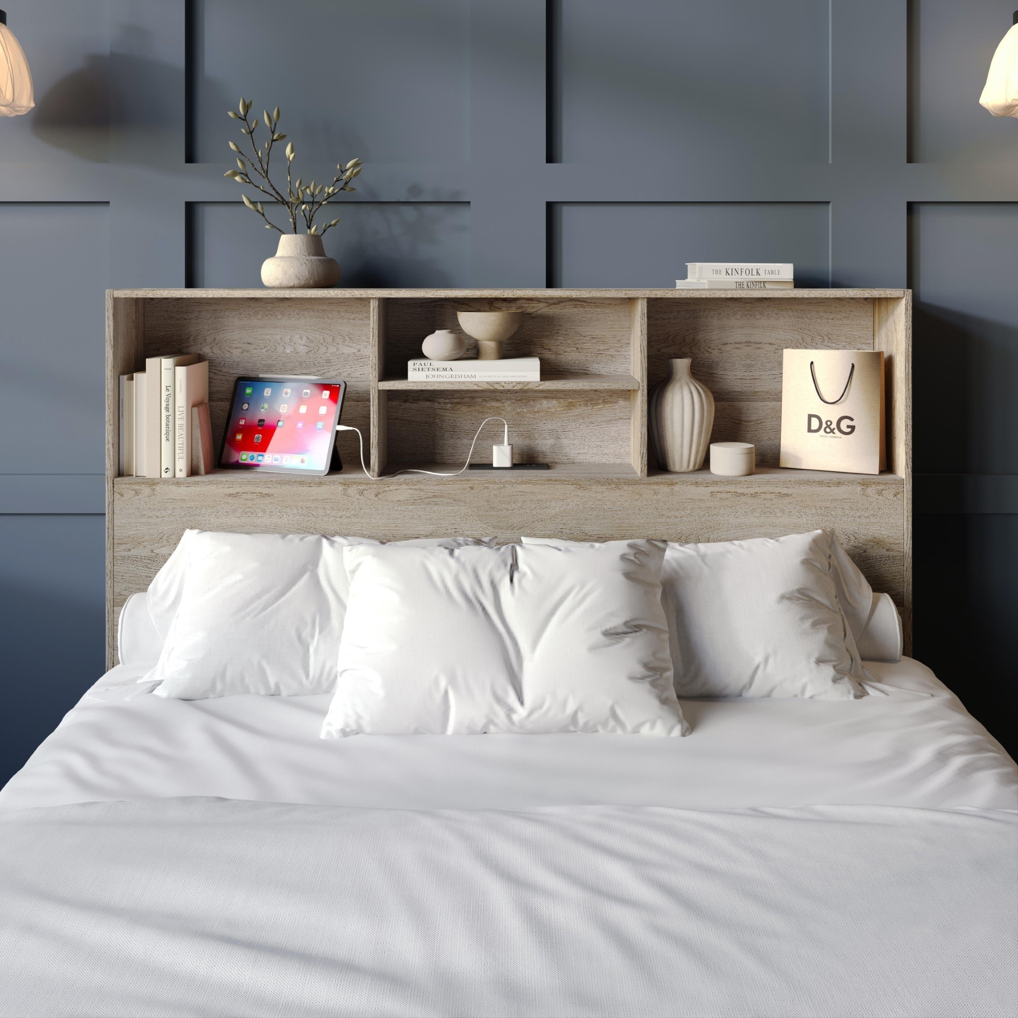 Clayfell Pomona Freestanding Bookcase Headboard with Charging Station & Storage