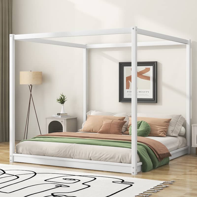 King Size Canopy Platform Bed with Support Legs - White