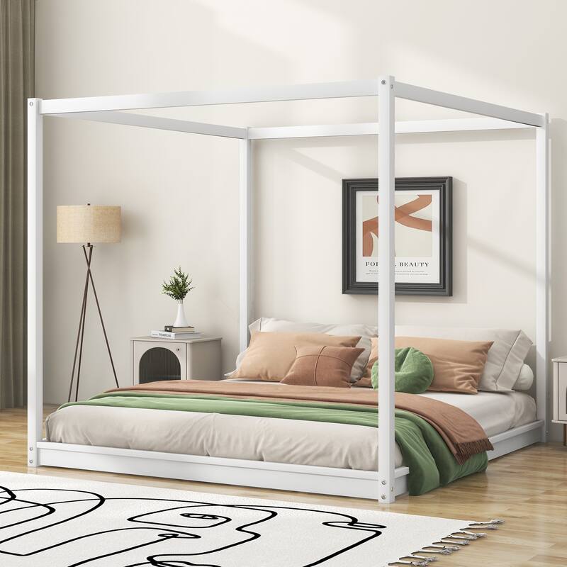 Modern Canopy Platform Bed with Wood Slats Support