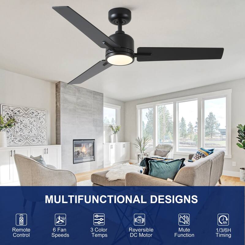 YUHAO Kaleido 48 in. Indoor Matte Black Ceiling Fans with 3-Colors Integrated LED and Dual-Finish Blades