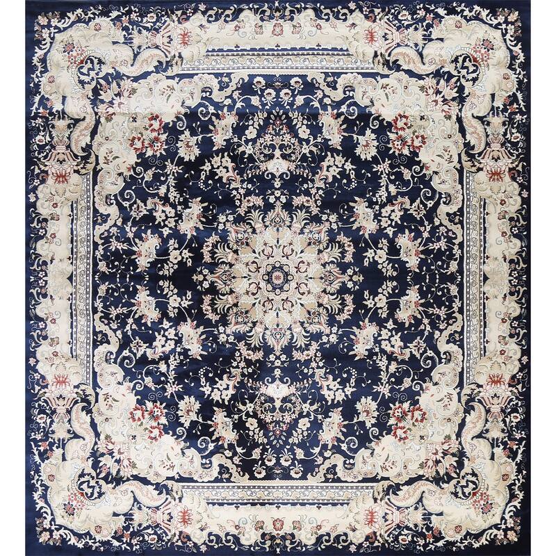 Navy Blue Floral Medallion Transitional Turkish Rug Oriental Carpet