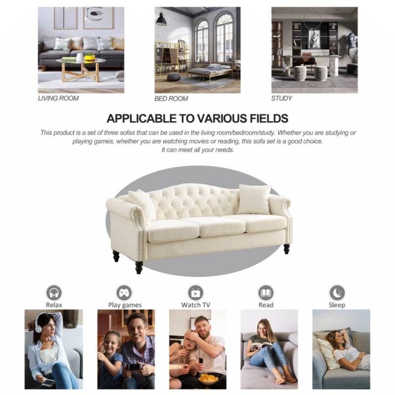 79" Chesterfield Sofa Grey Velvet for Living Room, 3 Seater Sofa Tufted Couch with Rolled Arms and Nailhead
