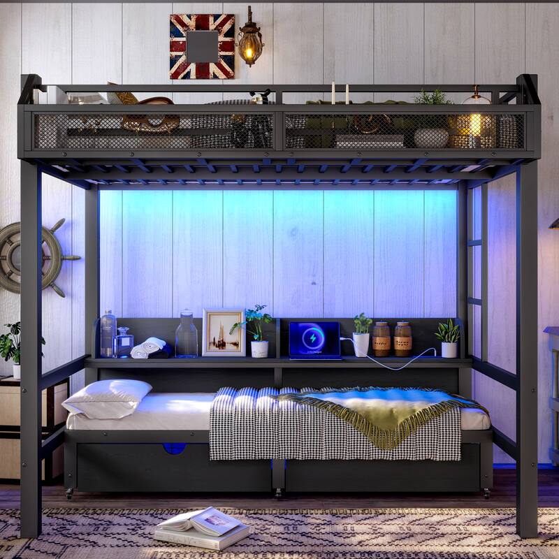 Twin over Twin Bunk Bed with Storage Shelves and Drawers, Multifunctional Metal Bunk Beds with USB Ports and LED Lights