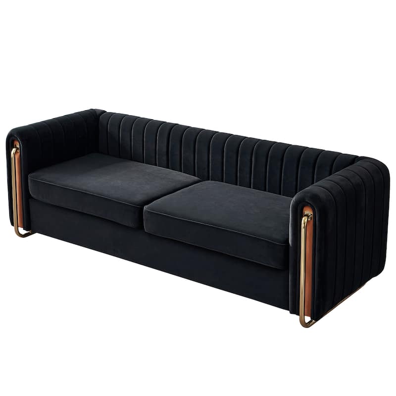 Luxurious Contemporary Velvet Sofa with Polished Gold Legs and Channel Tufting for Elegant Living Spaces
