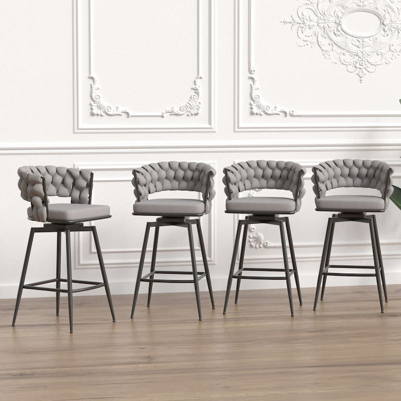28" Bar Chair Linen Woven Bar Stool Set of 2,Black legs Barstools No Adjustable Kitchen Island Chairs
