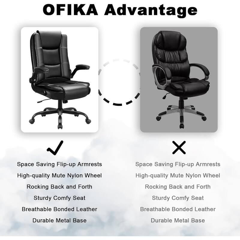BOSSIN Big and Tall Office Chair Ergonomic High Back Computer Adjustable Height Leather Executive Chair with Padded Flip-up Arms