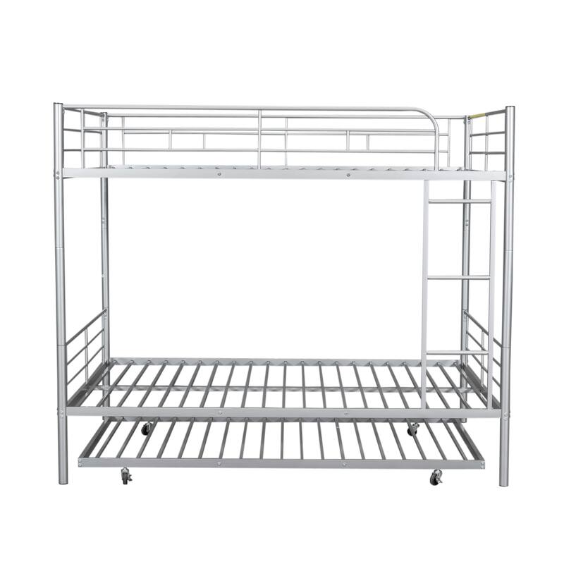 Full Over Full Metal Bunk Bed with Trundle, Silver Finish, Sturdy Iron Frame