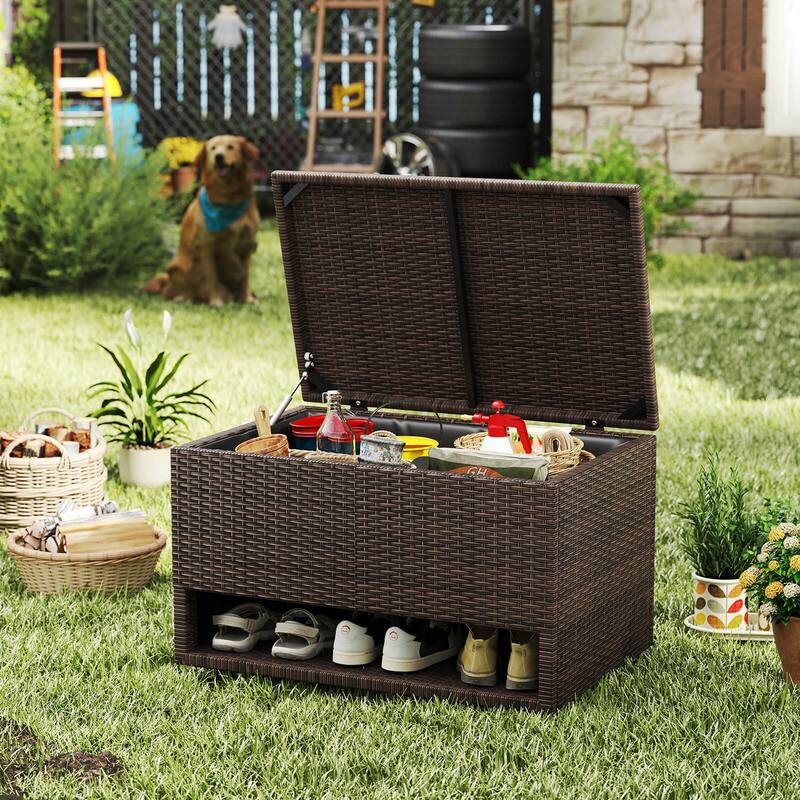 Costway 48 Gallon Deck Box with Shoe Rack Waterproof Liner Lid Outdoor - See Details