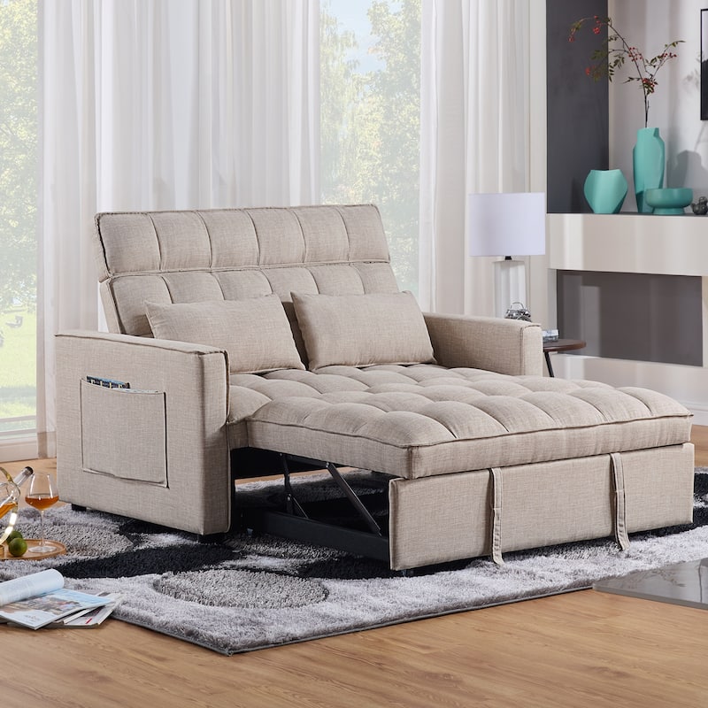 Modern 76.5" Length Pull Out Tufted Convertible Loveseat Upholstery Reclining Sleeper Sofa Bed - Cream