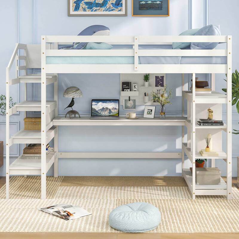 Gymax Twin Size Loft Bed w/ Desk & Storage Stairs Solid Wood Loft Bed